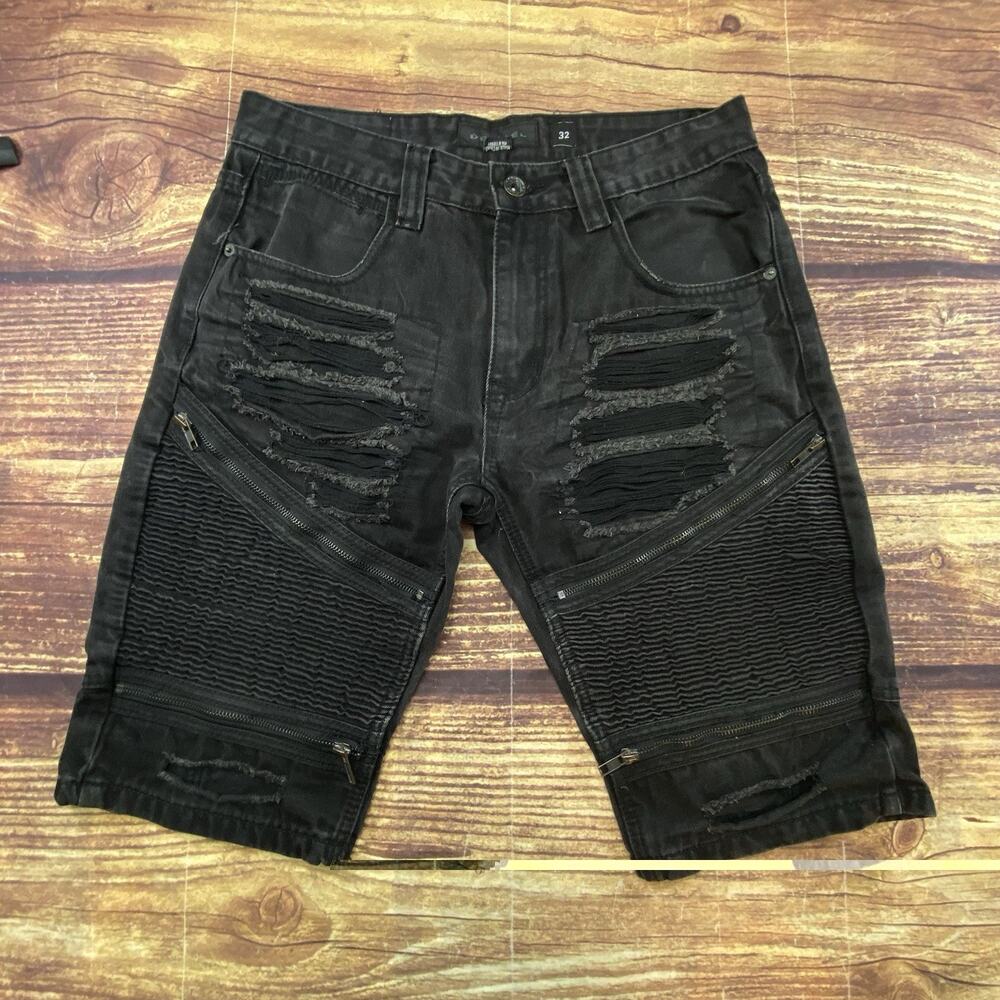 Decibel Factory Black Distressed Jean Shorts Mens Size 32 Mid Wash